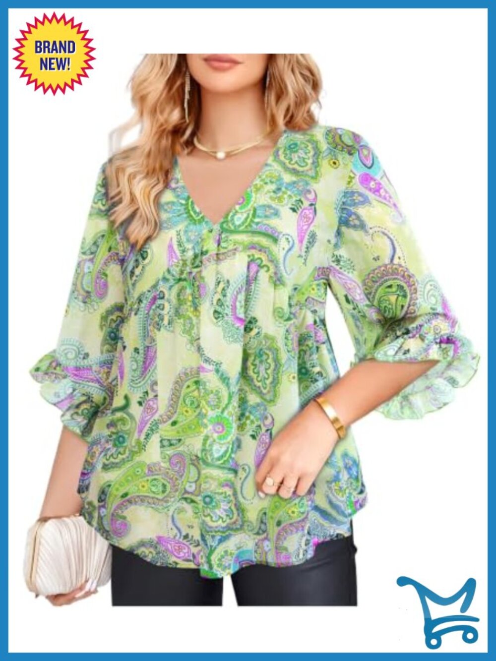 Womens Plus Size Chiffon Blouse 3/4 Ruffle Sleeve V-Neck Dressy Top